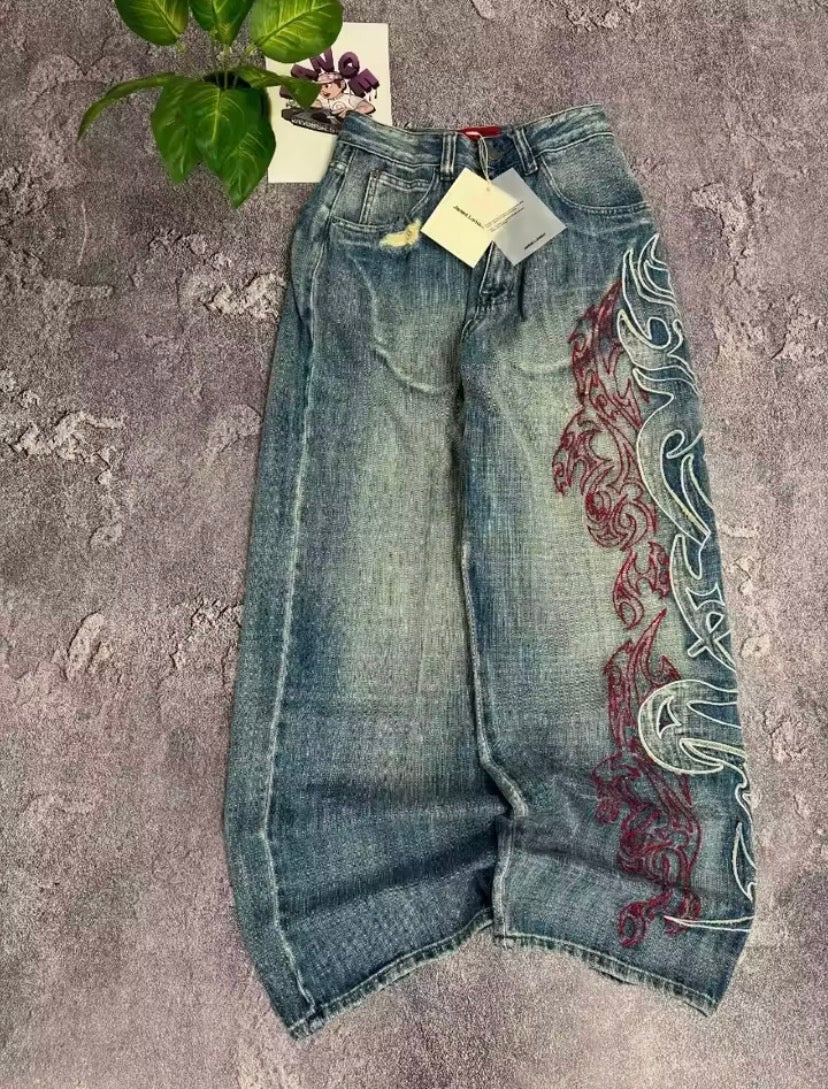 Flame Embroidered Baggy Jeans