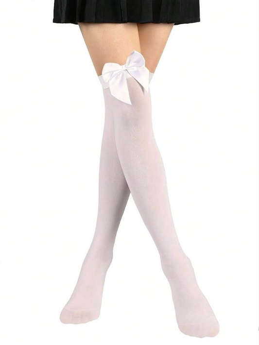 White Bow Thigh High Socks