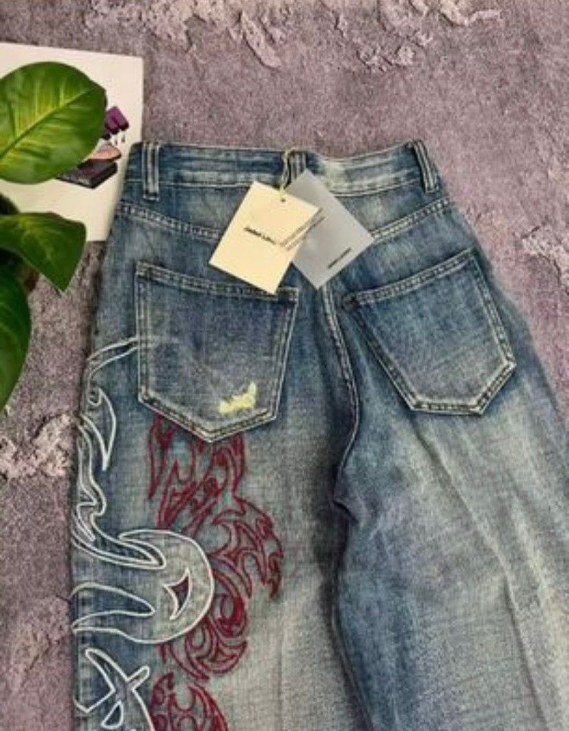 Flame Embroidered Baggy Jeans